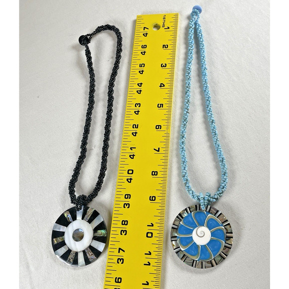 Artisan Handmade Beaded Medallion Pendant Rope Necklace x2 Black Turquoise Blue - Picture 2 of 8